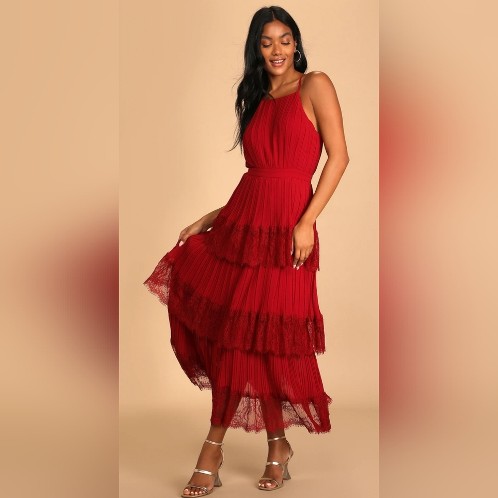 Lulu's Crimson Tiered Lace Midi Dress